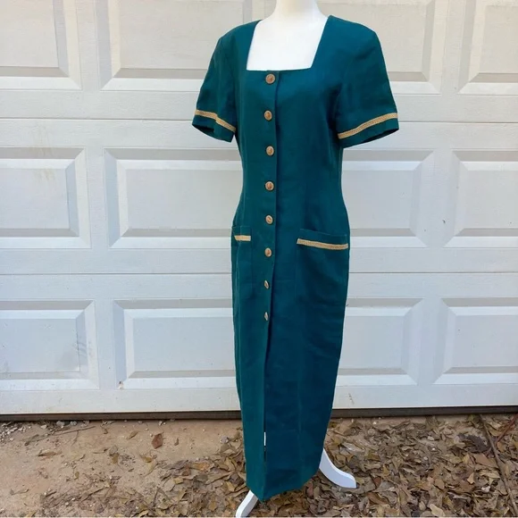 Liz Claiborne Vintage Linen Maxi Dress Womens 10 Green 90s Button Front Pockets - Picture 1 of 16